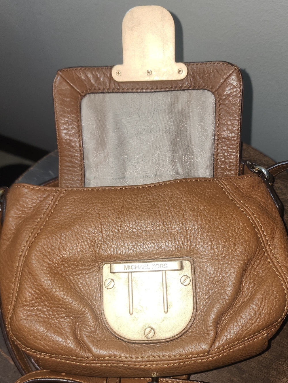 Michael Kors Cognac Pebble Leather Crossbody Copper Gold Hardware Buckle Mini - Picture 14 of 16